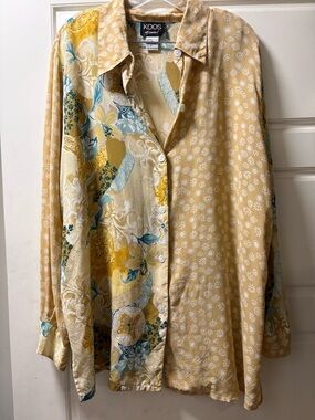 KOOS of Amsterdam Yellow & Blue Patterned Button-Up Shirt 100% Silk Vintage 1X